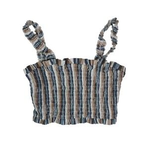 Altar'd State Women's Smocked Striped Crop Top Blue Tan Cotton Small